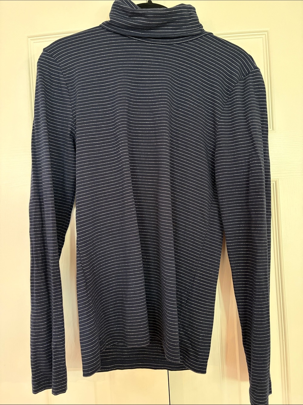 Women's Navy Blue Striped Turtleneck Long Sleeve Top